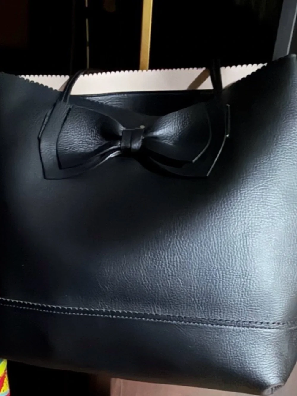 Kate Spade New York Black Leather Bow Georgia Vanderbilt Medium Tote Bag NWOT